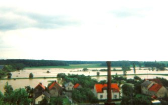 Ulica Ogrodowa, a dalej widoczny wał przeciwpowodziowy, przed nim rozlewisko, foto ze zbiorów Fryderyka Strzeduły